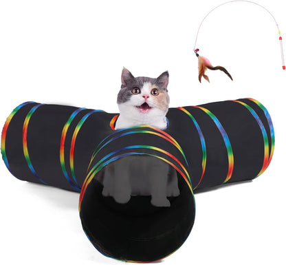 LUCKITTY Cat Tunnels Tube Toy with Plush Ball & Cat Wand Feather Toys-Portable Tattaff Waterproof Washable-Interesting Geometric Pattern Collapsible-3 Way Black Rainbow