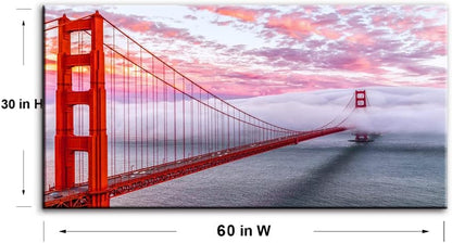 San Francisco Red Golden Gate Bridge At Dusk Canvas Wall Art For BedRoom,Modern Realism City Building Picture,Califonia Foggy Cityscape Painting Decor,Bracket Fixed Ready To Hang,Inner Frame (30x60)