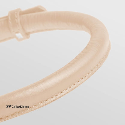 CollarDirect Rolled Leather Dog Collar, Soft Padded Round Puppy Collar, Handmade Genuine Leather Collar Dog Small Large Cat Collars 13 Colors (11-14 Inch, Beige Textured)