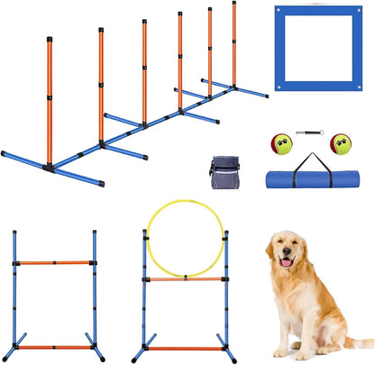 PLKO Dog Agility Equipment Set, Training Starter Kit Dog Obstacle Course,8 Weave Poles, Adjustable Hurdle, Jump Ring, Pause Box and Carrying Bag(Style C)