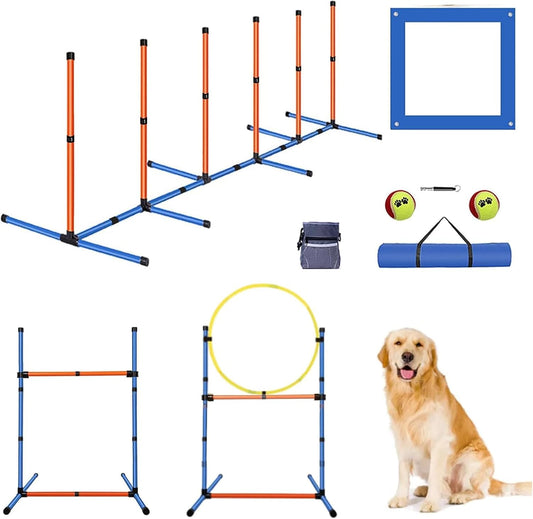 PLKO Dog Agility Equipment Set, Training Starter Kit Dog Obstacle Course,8 Weave Poles, Adjustable Hurdle, Jump Ring, Pause Box and Carrying Bag(Style C)