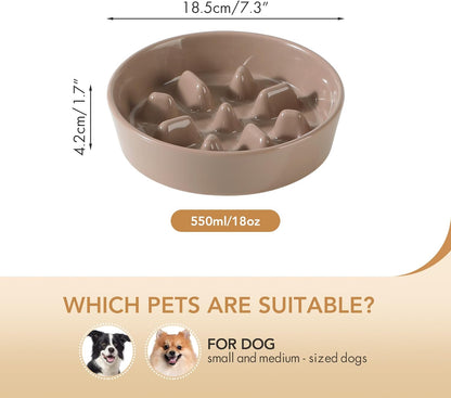 Ceramic 7.3 inch Dog Bowl Slow Feeder, Slow Pet Food Dish for Medium and Small Dog, Stop Bloat, Preventing Choking(Single Bowl, Brown Coffee)
