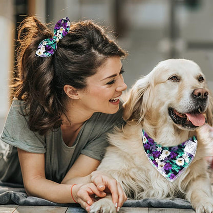 E-Clover Dog Bandanas & Matching Scrunchie Set Dog Bandana Scarf Bibs Washable Kerchief for Medium Large Dogs & Pet Owner Purple Halloween Accessories