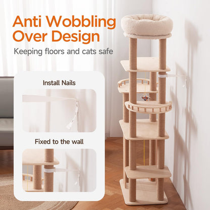 68" Large Cat Tree, Solid Wood Multi-Level Cat Tower with Scratching Posts, Fun Toys, and Washable Plush Platform for Indoor Cats