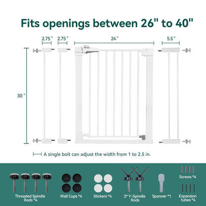 Babelio Baby Gate for Doorways and Stairs, 26''-40'' Auto Close Dog/Puppy Gate, Easy Install, Pressure Mounted, No Drilling, fits for Narrow and Wide Doorways, Safety Gate Door for Child and Pets