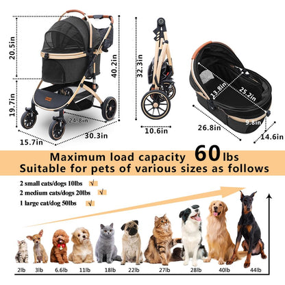 Pettingzoo Dog stroller with 4 Wheels, Folding Cat Stroller for Small/Medium/Large dogs & cats to 60 lbs, pet stroller with removable carrier, Storage Basket,Cup Holder,3 in1 Multifunctiona Detachable