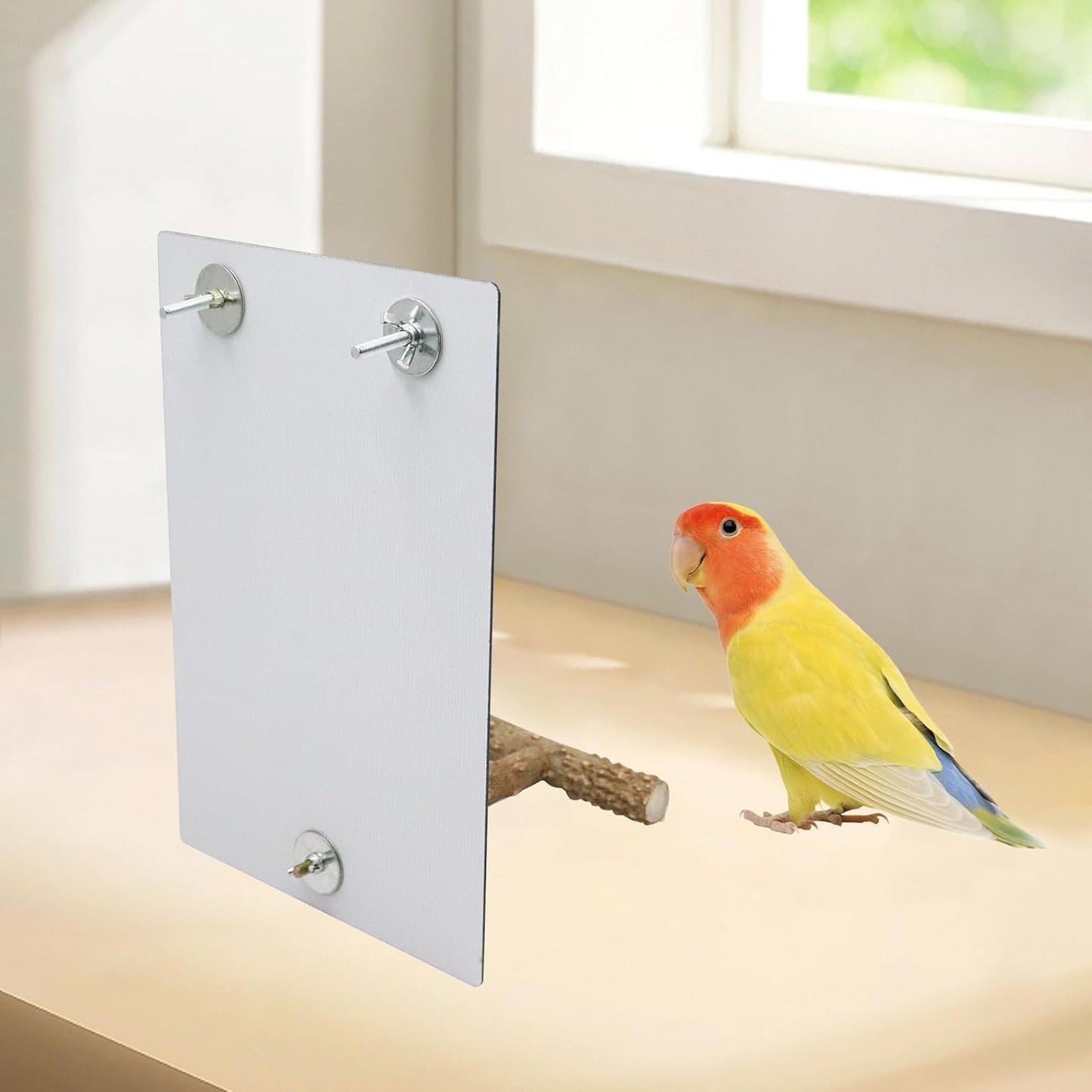 Bird Mirror Toy with Perch Stand, Parrot Parakeet Mirror with Bird Swing Bell Toys, Bird Cage Accessories, Suitable for Parakeet Cockatiel Conure Lovebirds - 7.9 × 6.3 Inch