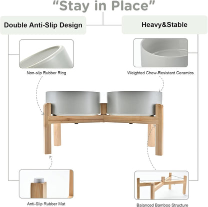 SPUNKYJUNKY Elevated Dog Bowls Ceramic, 7.3'' Dogs Food Water Bowls Raised with Non-Slip Bamboo Stand for Medium to Large Sized Breed Microwave Dishwasher Safe - 42 OZ,Grey