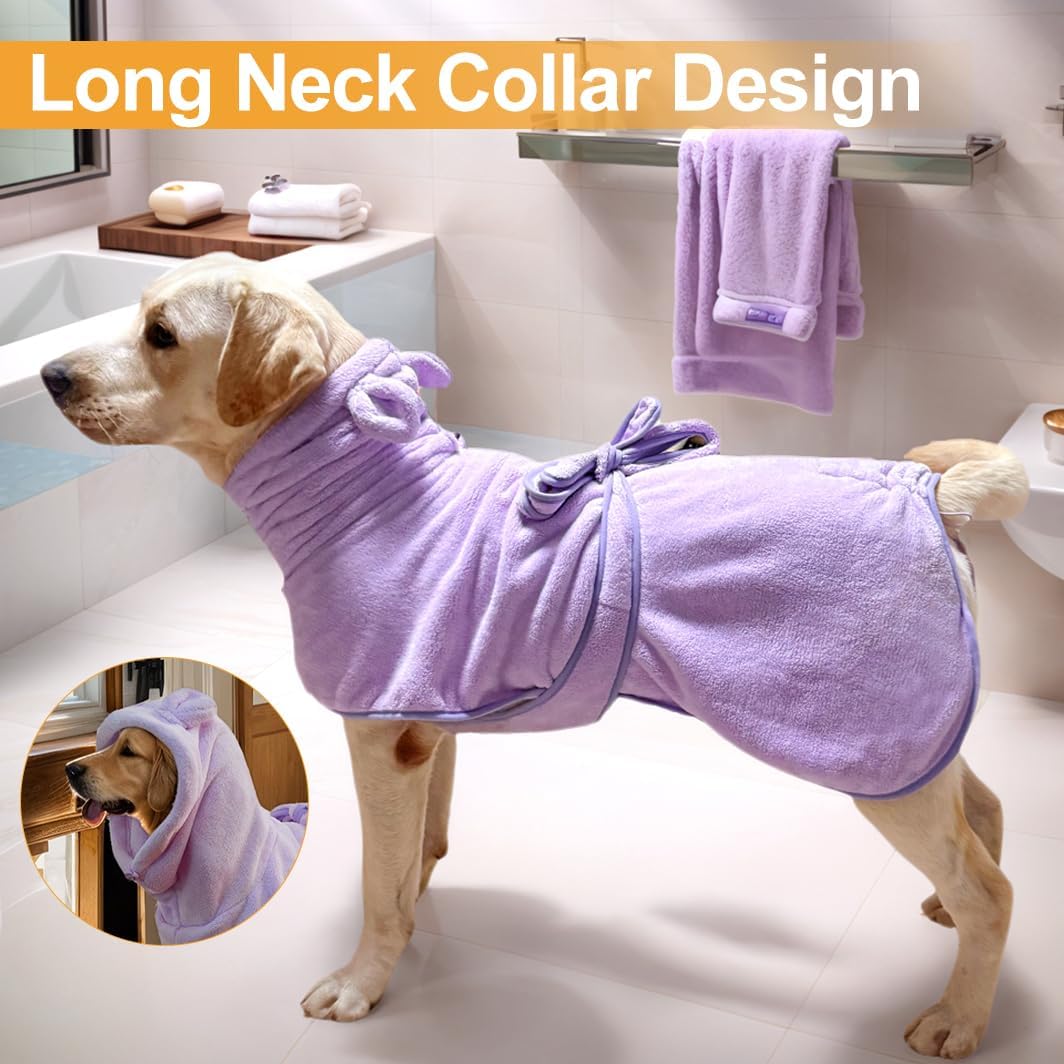 Microfiber Dog Bathrobe Towel Super Absorbent Dog Quick Dry Bathrobe for Puppies, Suitable for Medium and Large Dogs (Purple, XL)