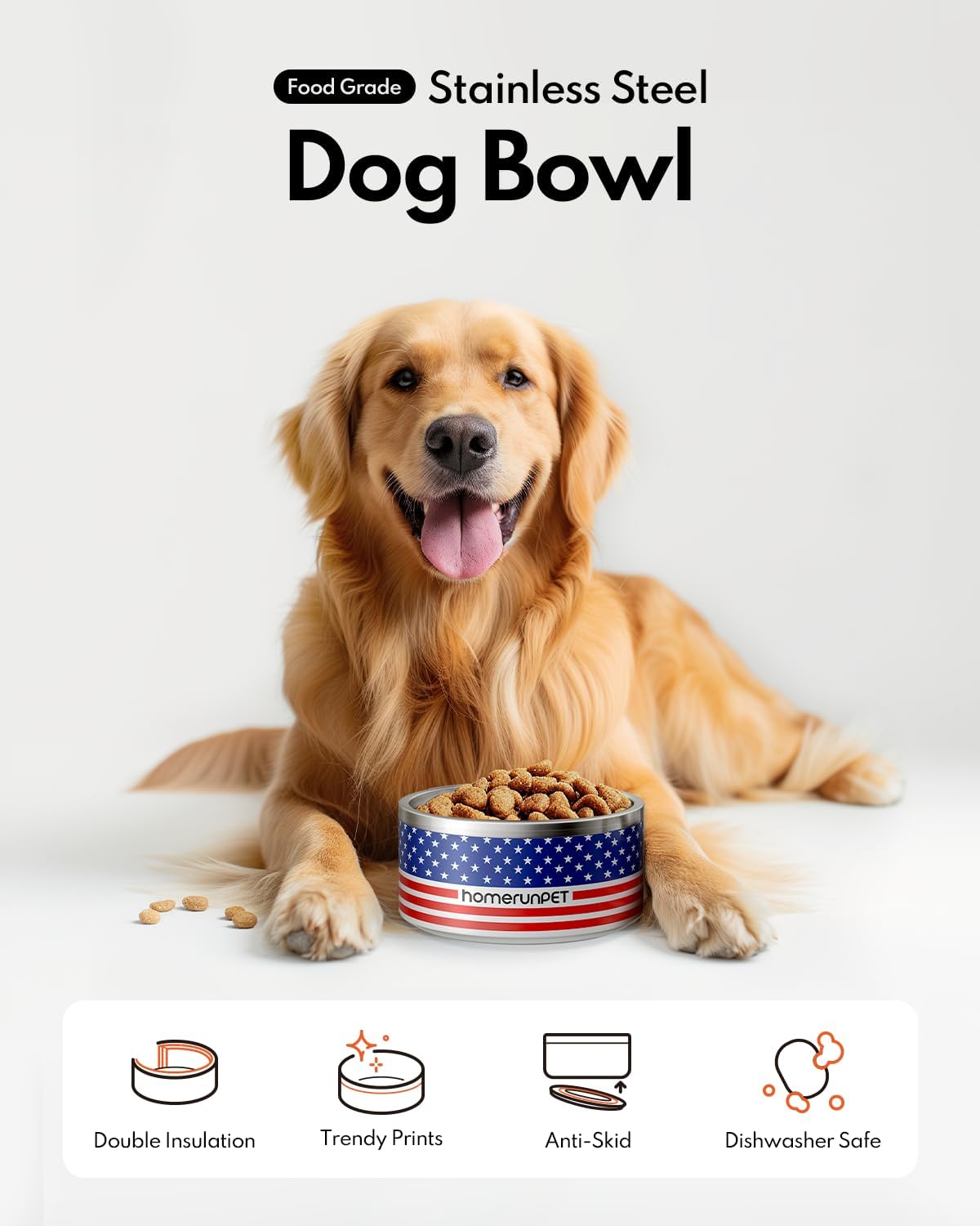 Homerunpet Double Wall Stainless Steel Dog Bowls, Non-Slip Base, Dishwasher Safe, Durable Pet Food & Water Bowl for Dogs & Cats(32oz, American Flag)