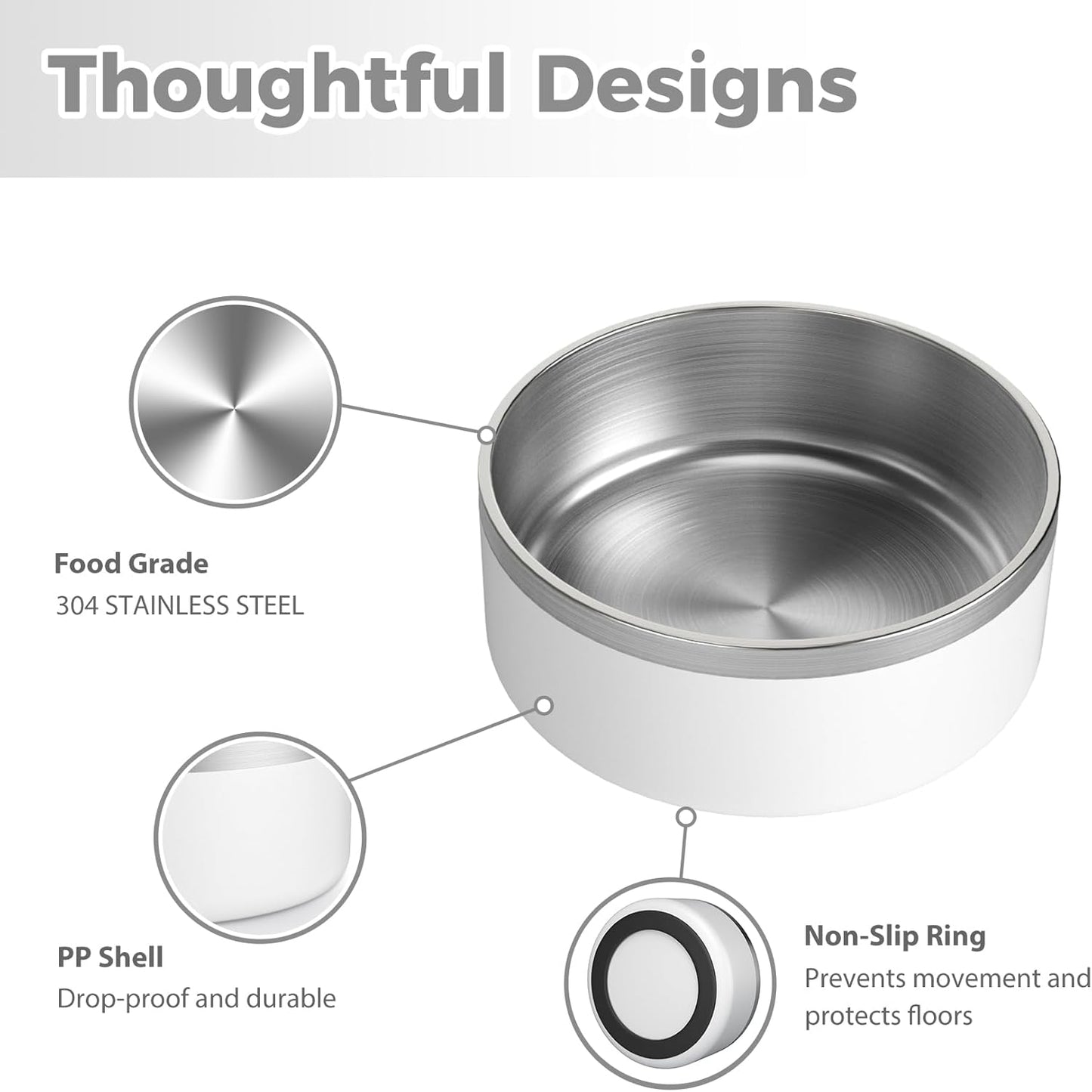 Stainless Steel Dog Bowl, Metal Water and Food Dish for Large Dogs, Insulated Non-Slip Pet Bowl, Easy Clean, 40oz, White