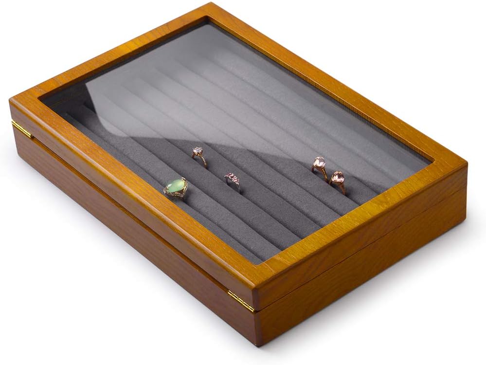 Oirlv Solid Wood Jewelry Display Box Rings Earrings Organizer Case with Acrylic Lid Vintage Gift for Women