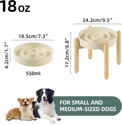 7.3inch Ceramic Raised Slow Feeder Dog Bowl Set, Elevated Wooden Stand for Medium and Small Dog, Puzzle Slow Dish, Anti-Gulping(Beige, Single Bowl+ Stand)