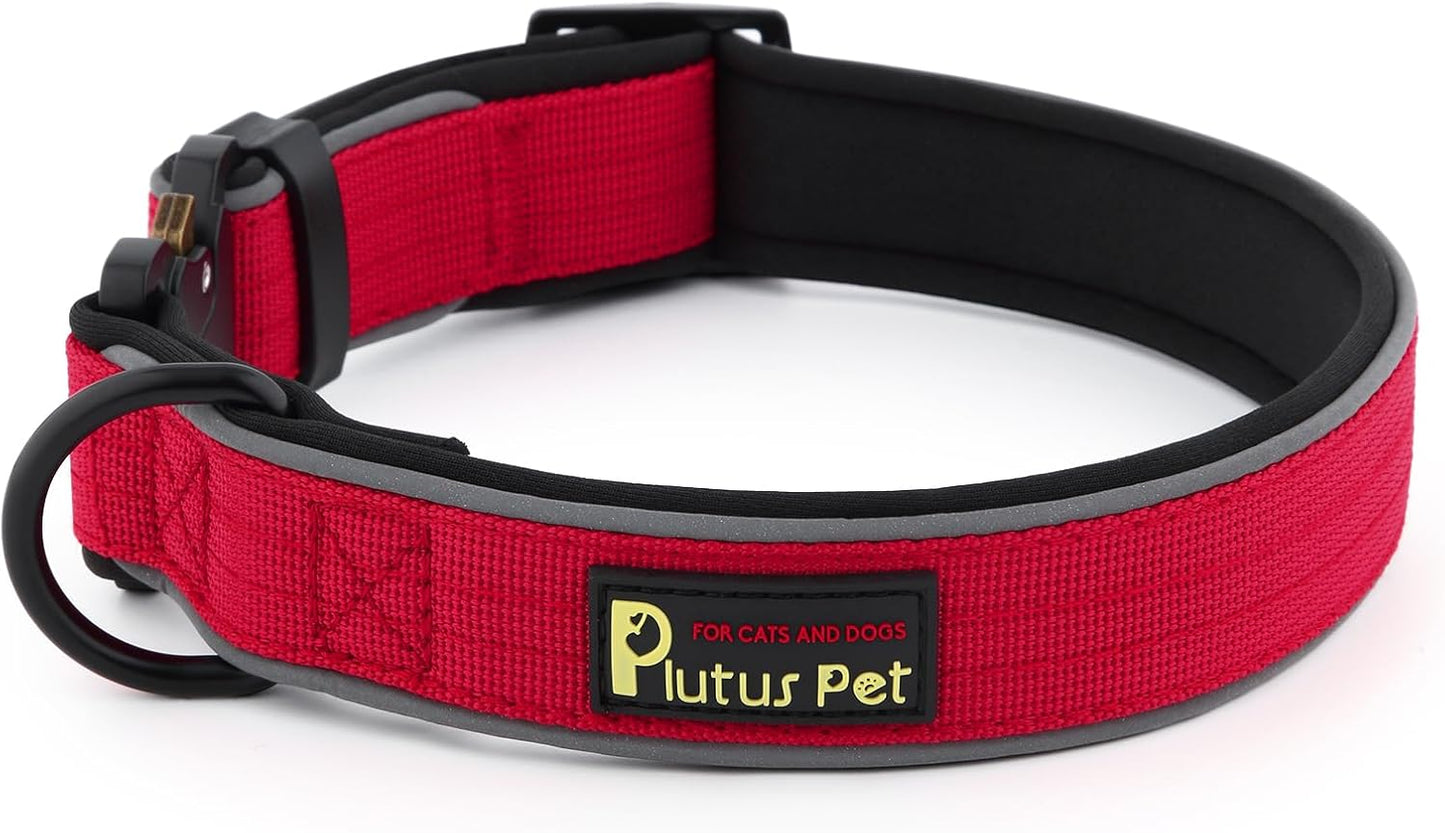 Plutus Pet Tactical Dog Collar, Reflective, Adjustable Heavy Duty Dog Collar, Soft Padded and Comfortable, for Small Medium and Large Dogs (Red, M)