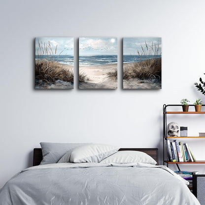 TTHYUEWS Canvas Wall Art For Living Room Wall Decor For Bedroom Modern Office Canvas Art Office Decor Blue Sea Beach Wall Paintings Prints Pictures Artwork Ready To Hang Home Decor 16" X 24"3 Piece