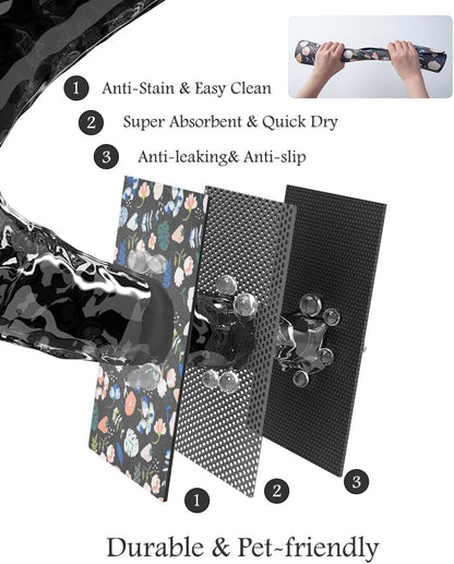 Pet Feeding Mat-Absorbent Dog Mat for Food and Water Bowl-No Stains Quick Dry Water Dispenser Mat-Dog Accessories Pet Supplies-Bowl for Messy Drinkers（DARKFLOWERS,16"x24"