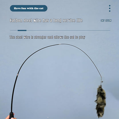 Interactive Cat Wand Toy with Cat Dancer, Retractable Feather Fox Tail Teaser for Indoor Cats, Enrichment Play Kittens to Senior Cats(Moon Grey)