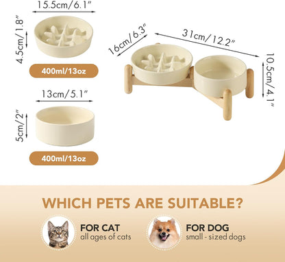 Ceramic Raised Slow Feeder Dog Bowl Set, Elevated 5.1inch Bowl and 6.1inch Slow Pet Food Dish with Wooden Stand for Small Dog and Cat (2 x Beige+ Stand)