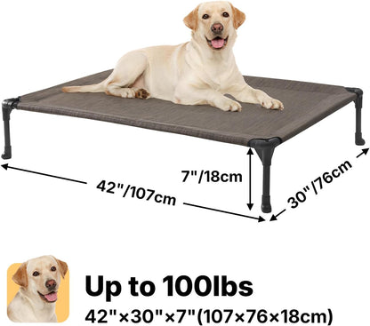 Veehoo Outdoor Elevated Dog Cot Bed, Cooling Raised Pet Bed for Large Dogs, Washable Breathable Mesh Hammock Bed with No-Slip Feet, Indestructible Ground Off Training Platform Cot-42"x30" Brown