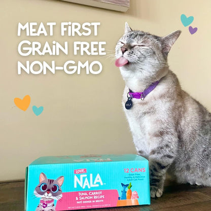 LOVE, NALA - Natural Adult Cat Wet Food - Pate Tuna, Carrot, & Salmon Recipe - Grain Free, Non-GMO, Digestive Fiber Blend, Minerals, Vitamins - 12 Pack 2.4 lbs.