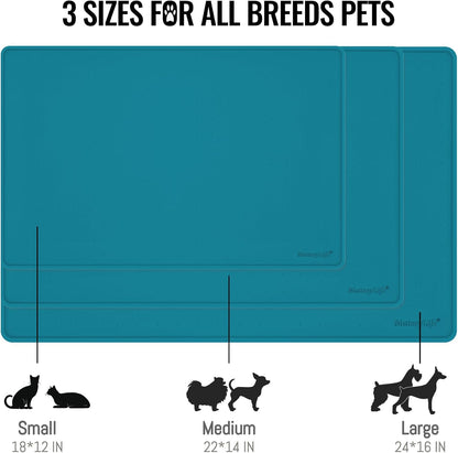 MateeyLife Dog & Cat Food Mat, Waterproof & Nonslip Silicone Feeding Mats for Dogs and Cats, Raised Edge Tray for Messy Drinkers, 24"x16", Teal