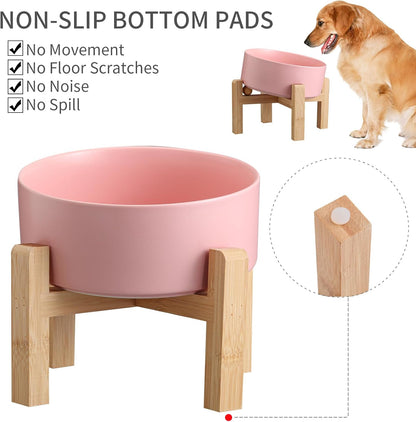 Pink Elevated/Raised 15°Tilted Anti Slip Ceramic Dog Bowl for Small/Medium Breeds,Slanted Bulldog Big Face Pet Food Water Feeding Dish with Stand for Cats and Dogs (3.6 Cups/28 OZ)