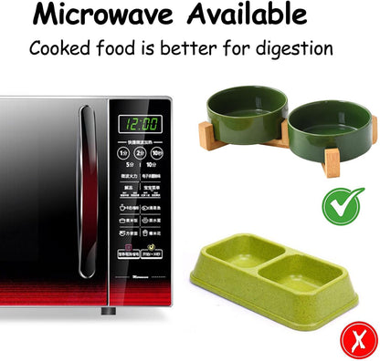 Petygooing Ceramic Dog Cat Bowl Set with Stand, Pet Food and Water Dishes,Medium Pet Bowl Anti -Slip Set of 2 Cat Dish-Pet Food Bowls Small Medium Size Dog (28OZ/6.1 in) Rust Green