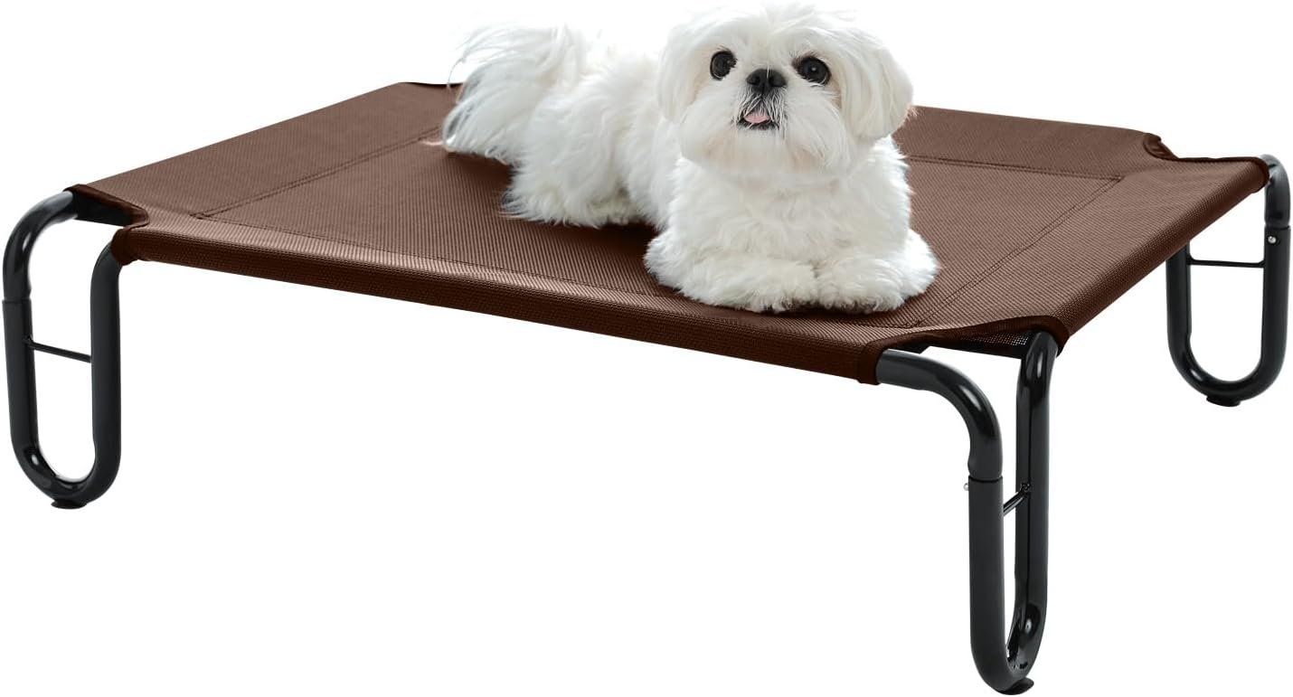 pettycare Elevated Outdoor Dog Bed - Raised Cots Beds for Small Dogs, Waterproof Pet Hommock Easy to Assemble, Cooling with Teslin Mesh, Durable, Non Slip, Indoor & Outdoor, Up to 35 lbs, Brown