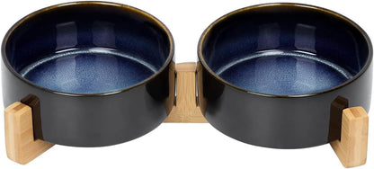 SPUNKYJUNKY Ceramic Dog and Cat Bowl Set with Wooden Stand, Modern Cute Weighted Food Water Set for Small Size Dogs (13.5OZ) & Medium Sized Dogs (28.7OZ) & Cats (1.7 Cups, 2 × Starry Blue)