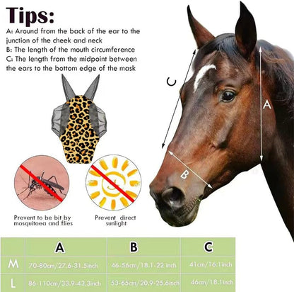 Horse Fly Mask with Ears - Comfort Fit, Durable & Breathable, Easy to on/Off | UV Protection, Large Eye Space, Stretchy Leopard Print (2pcs Large, Tangle-Free)