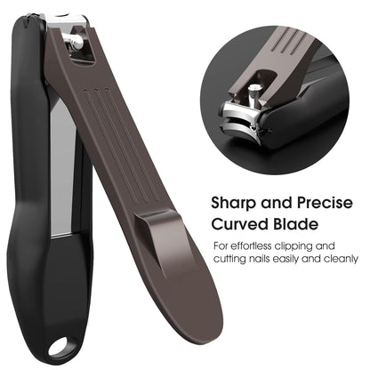 GLAMFIELDS Nail Clippers with No Splash Storage Box, Large Fingernail Toenail Clipper Detachable Easy Clean Nail Cutter Trimmer with Nail Files for Men & Women, Leather Case Packed(Black -1Pack)
