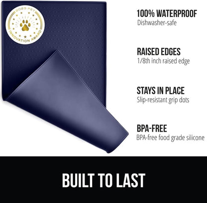 GORILLA GRIP 100% Waterproof Raised Edge BPA Free Silicone Pet Feeding Mat, Dog Cat Food Mats Contain Spills Protects Floors, Placemats for Cats and Dogs Water Bowl, Pets Accessories 16x10, Navy