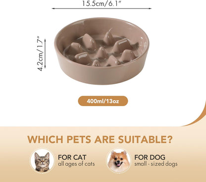 Ceramic 6.1inch Dog Bowl Slow Feeder, Slow Pet Food Dish for Small Dog and Cat, Stop Bloat, Preventing Choking(Single Bowl, Brown Coffee)