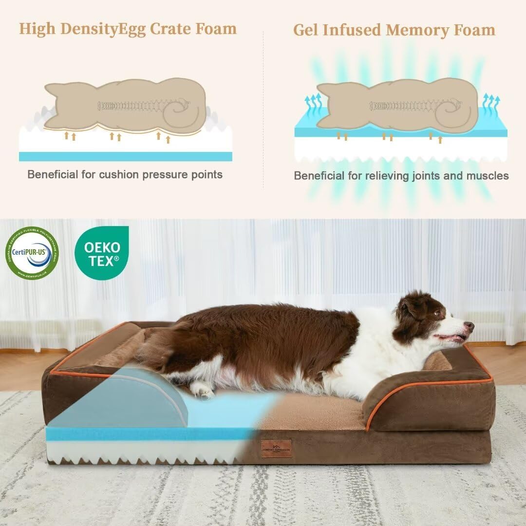 Comfort Expression Cooling Dog Beds Orthopedic, Waterproof Memory Foam Dog Bed for Large Dogs, Washable Dogs Beds with Removable Cover, Pet Sofa Couch with Bolster(Large,Khaki Brown)