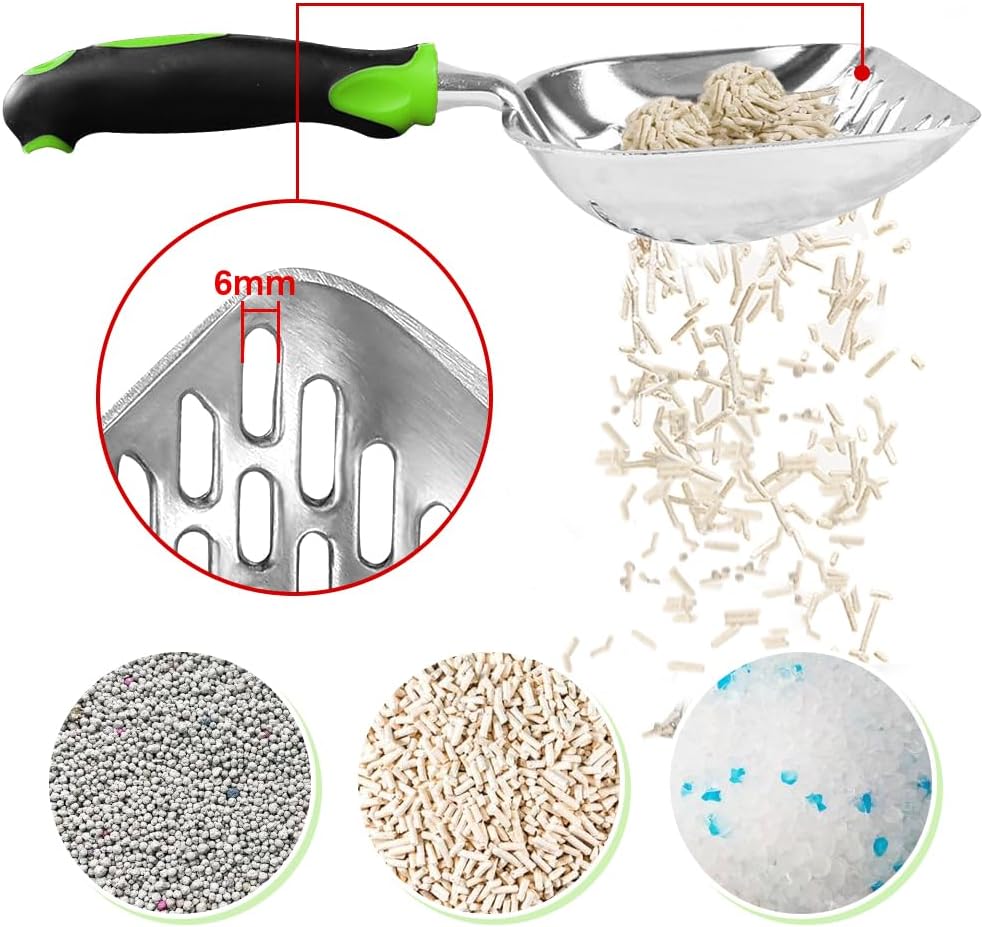 Cat Litter Scoop-Metal Cat Scooper-Long Handle Scoop,Cat Scooper-Poop Sifting-Mesh Shovel-Suitable for Cat Litter Box(Green)