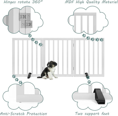 Dog Gates for The House Freestanding Foldable Pet Gates for Doorways 3 Panels 24'' Tall with 2PCS Support Feet Wooden White Dog Gate for Stairs