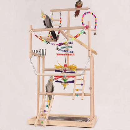 Bird Playstand Parrot Playground Wood Play Stand Gym Perch 4 Ladder Playgym with Exercise Toys Swings Feeder Cups Chewing Toys for Cockatoos Lovebirds Playgym Parakeets Cockatoo Macaw Random Color
