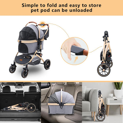 Pettingzoo Dog stroller with 4 Wheels, Folding Cat Stroller for Small/Medium/Large dogs & cats to 60 lbs, pet stroller with removable carrier, Storage BasketCup Holder,3 in1 Multifunctional Detachable