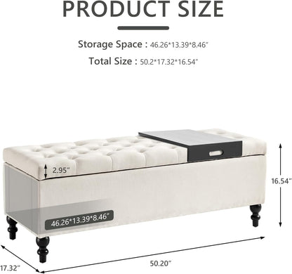 Ottoman with Storage,50.2-inch Upholstered End of Bed Storage Bench for Bedroom,for The Living Room,for Entryway, with Tray & Button and Safety Hinges,Detachable (White)