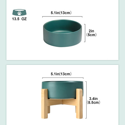 SPUNKYJUNKY Ceramic Elevated Dog Bowls 2 Pack - 5.1inch Raised Dog Bowls with Non-Slip Wooden Stand for Small Dogs Dishwasher Safe(Green,13.5OZ*2)
