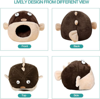 Cat Beds for Indoor Cats - Cat Bed Cave with Removable Washable Cushioned Pillow, Soft Plush Premium Cotton No Deformation Pet Bed, Lively Pufferfish Cat House Design, Brown, Multiple Sizes(L)