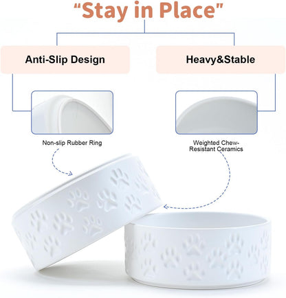 SPUNKYJUNKY Ceramic Dog Bowls 2 Pack, 7.3'' Dog Food Water Double Feeding Bowls Non-Slip for Medium to Large Sized Breed Microwave Dishwasher Safe - 42 OZ, 2pcs, Paw White