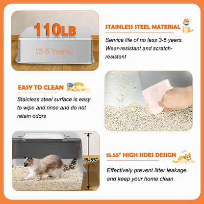 Vivifying Stainless Steel Litter Box with Lid, XL Side Entry Extra Large Litter Box for Big Cats & Kitty, Removable Enclosed Metal Cat Pan with High Sided Enclosure, Scoop, Mat, Footboard (Gray)