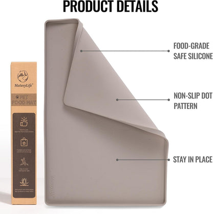 MateeyLife Dog & Cat Food Mat - Waterproof, Nonslip, Raised Edges, Silicone Tray for Messy Drinkers, 18"x12", Taupe
