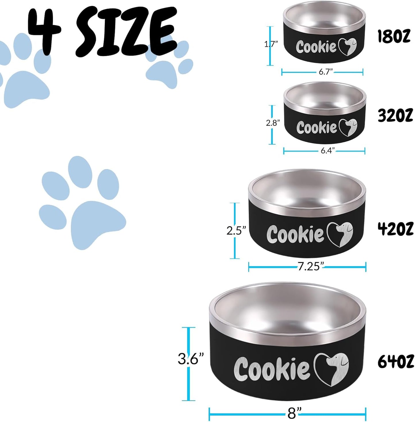 Personalized Dog Bowl Laser Engraved Custom Pet Name 18/32/42/64 oz No Slip Stainless Steel Insulated Bite-Resistant Food Water Dishes-Pink