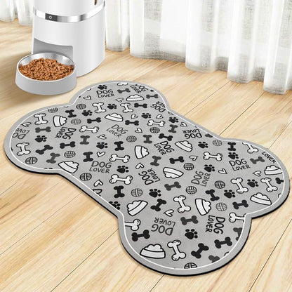 Dog Food Mats for Floors Waterproof, Pet Feeding Absorbent Water Bowl Mat Cat Placemats Gray Bone Shape 25.5 * 17 inch