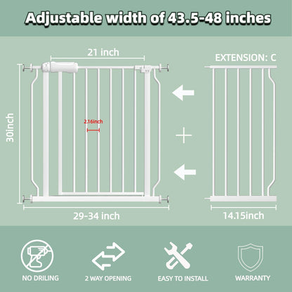 TSAYAWA Walk Through Baby Gate with Door, 43.5-48 Inch Wide Presure Mounted No Drill Metal Auto Close Child Gate for Stair Doorway - Indoor Outdoor Safty Gate for Toddler Dog Doggie, White