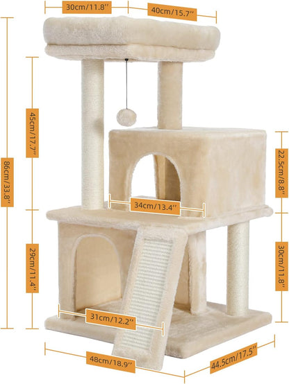 PAWZ Road Cat Tree Luxury Cat Tower with Double Condos, Spacious Perch, Fully Wrapped Scratching Sisal Posts and Replaceable Dangling Balls Beige