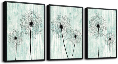 AHUASJART Black Framed Wall Art for Living Room Wall decor for Bedroom Room Decor light green background Pictures Dandelion Paintings posters kitchen Home Decorations 3 Piece Framed Prints Artworks