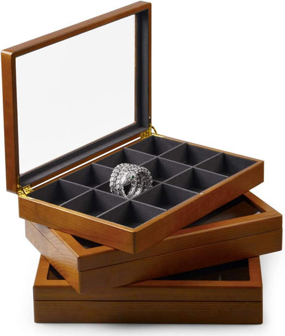 Oirlv 12 Grids Vintage Solid Wood Jewelry Box Microfiber Lining Earrings Bracelets Necklace Storage Jewelry Drawer Organizer Tray with Lid